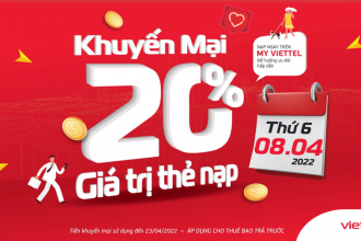 Ngày 08/04/2022 - Viettel khuyến mại 20% giá trị thẻ nạp cho thuê bao trả trước trên toàn quốc