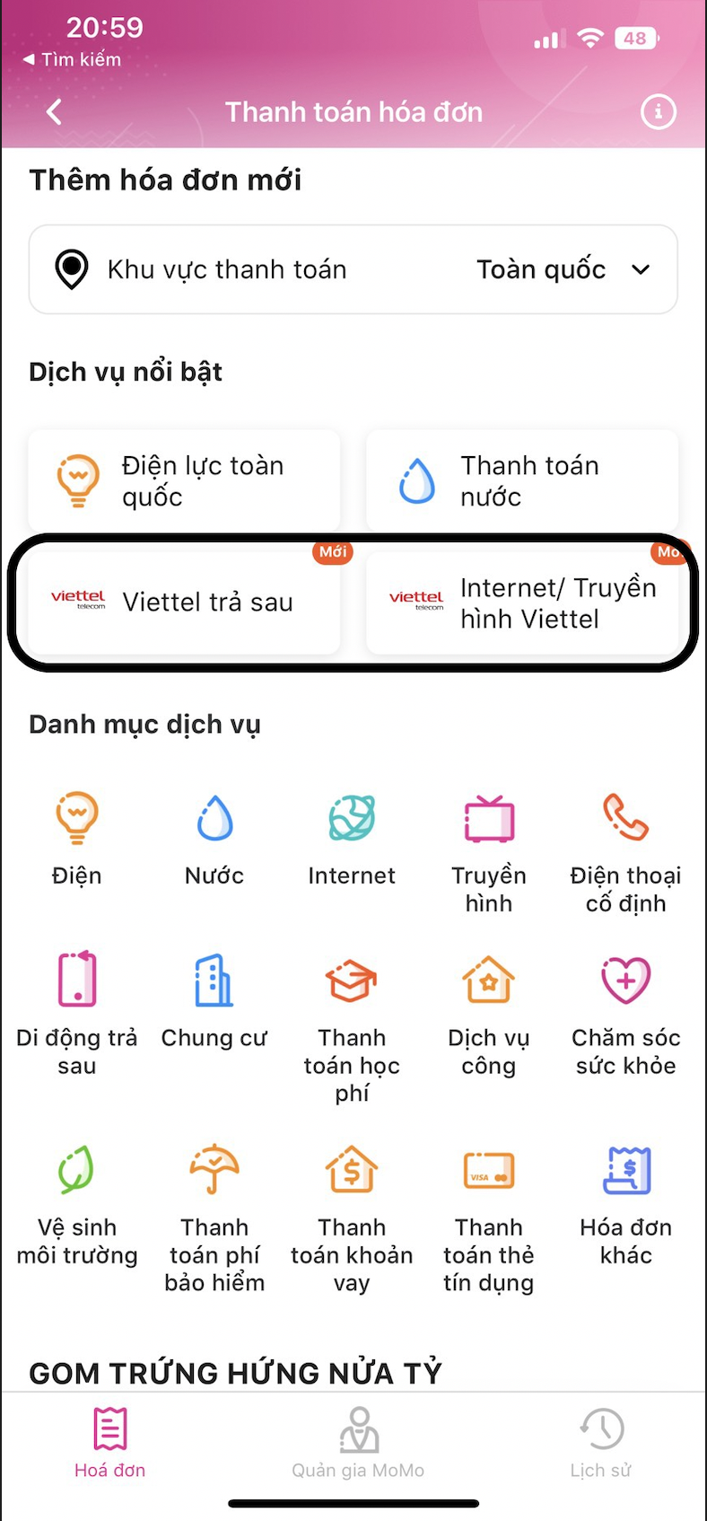đóng tiền internet Viettel qua Momo